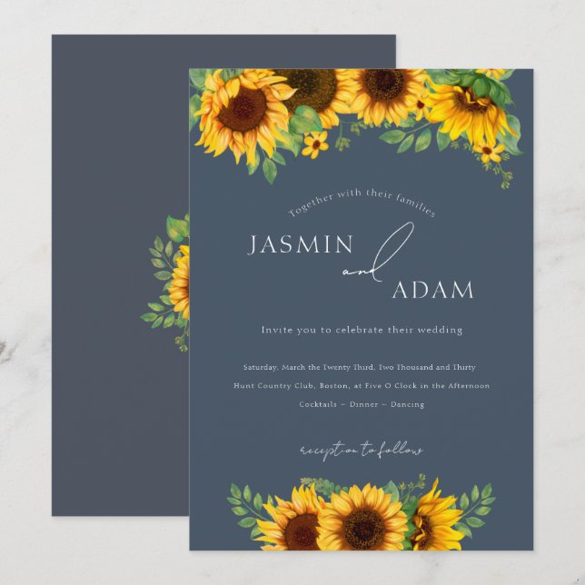 Boho Sunflower Floral Slate Blue Wedding Invitation (Front/Back)
