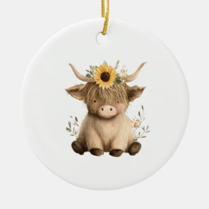 Boho Sunflower Highland Cow Ceramic Tree Decoration