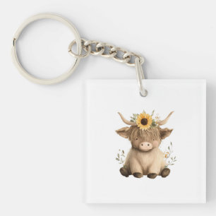 Boho Sunflower Highland Cow Key Ring