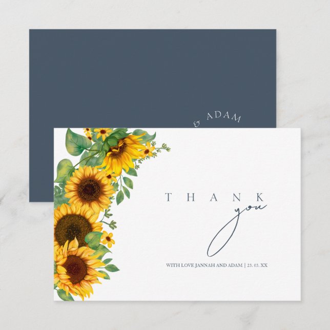 Boho Sunflower Monogram Slate Blue Wedding Thank You Card (Front/Back)