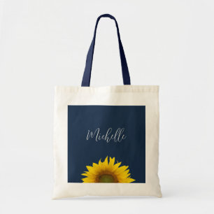 Boho Sunflower Navy Blue Elegant Personalised Tote Bag