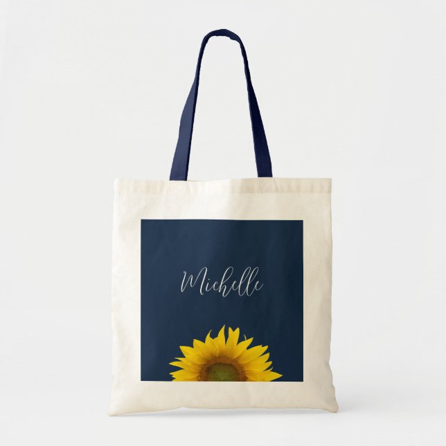 Boho Sunflower Navy Blue Elegant Personalised Tote Bag (Front)
