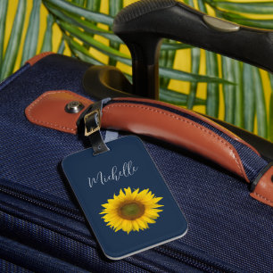 Boho Sunflower Personalised Elegant Navy Blue Luggage Tag