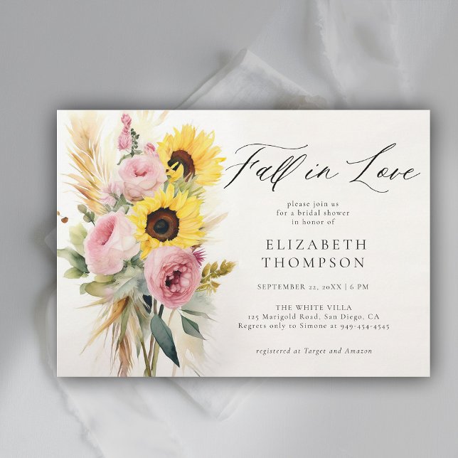 Boho Sunflower Pink Rose Rustic Chic Bridal Shower Invitation (fall in love bridal shower invitation sunflower rose boho pampas peony watercolor elegant rustic)