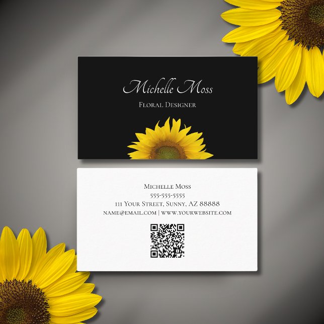 Boho Sunflower QR code Botanical Black  Business Card (Creator Uploaded)
