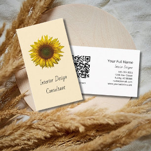 Boho Sunflower QR code Designer Rustic Cream Business Card