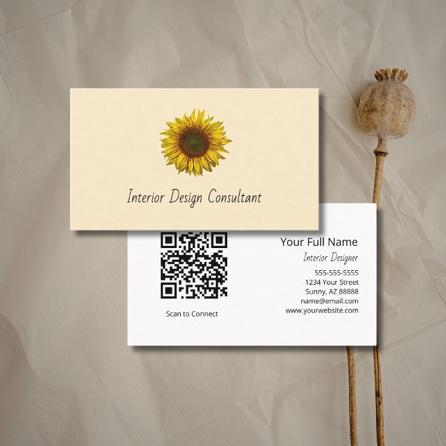 Boho Sunflower QR code Rustic Interior Designer  Business Card (Creator Uploaded)