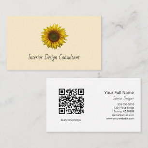 Boho Sunflower QR code Rustic Interior Designer  Business Card
