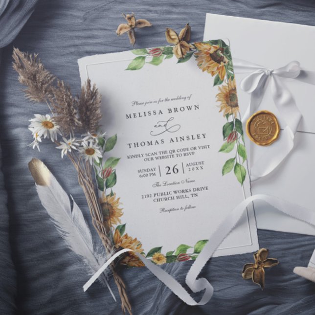 Boho Sunflower Rustic Elegant QR Code Wedding Invitation (Creator Uploaded)