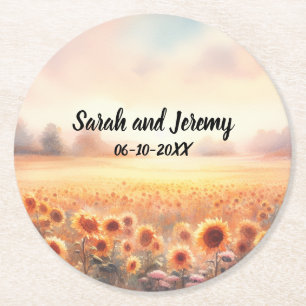 Boho Sunflower Rustic Watercolor Country Wedding Round Paper Coaster
