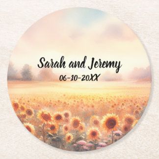 Boho Sunflower Rustic Watercolor Country Wedding Round Paper Coaster