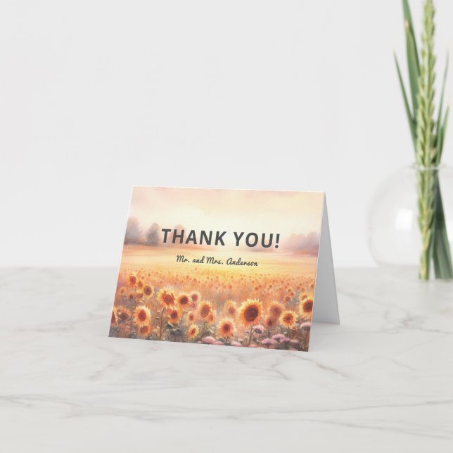 Boho Sunflower Rustic Watercolor Country Wedding Thank You Card (Front)