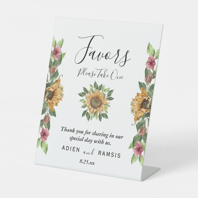 Boho Sunflower Rustic Wildflower Wedding Favours Pedestal Sign (Front)