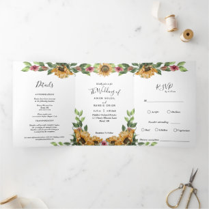 Boho Sunflower Rustic Wildflower Wedding Tri-Fold Invitation