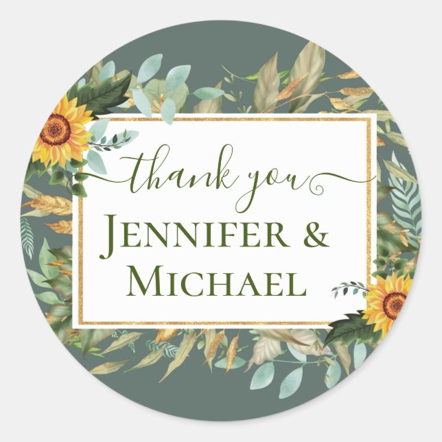 Boho Sunflower Sage Greenery Wedding Classic Round Sticker (Front)