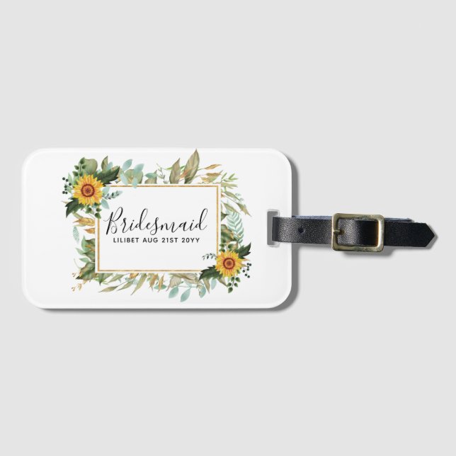 Boho Sunflower Sage Greenery Wedding Luggage Tag (Front Horizontal)