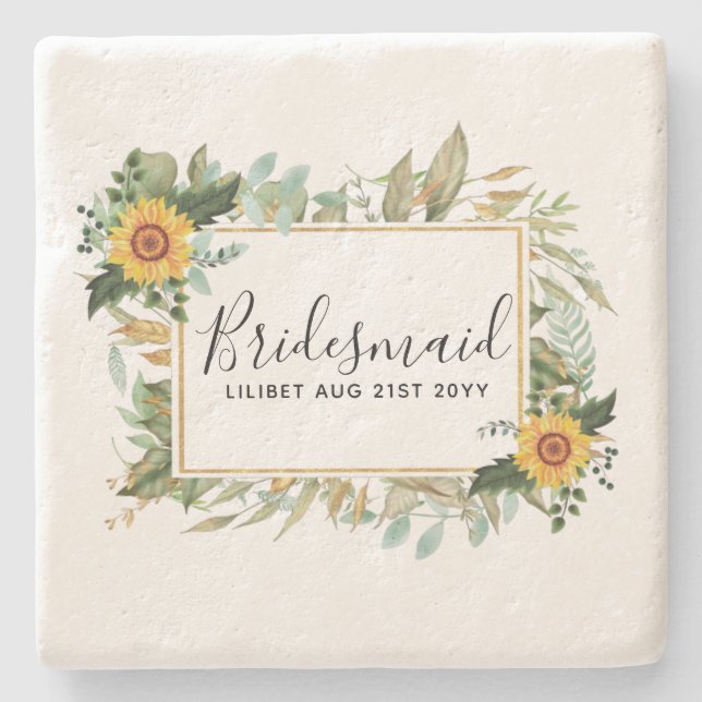 Boho Sunflower Sage Greenery Wedding Stone Coaster (Front)