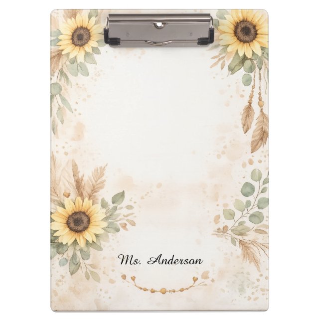 Boho Sunflower Teacher Clipboard Floral Design (Front)