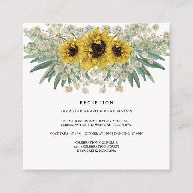 Boho Sunflower Watercolor Chic Wedding Reception Enclosure Card (Front)