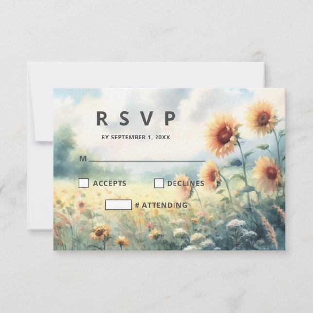 Boho Sunflower Watercolor Rustic Country Wedding RSVP Card (Front)
