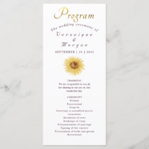 Boho Sunflower wedding program floral gold script Programme