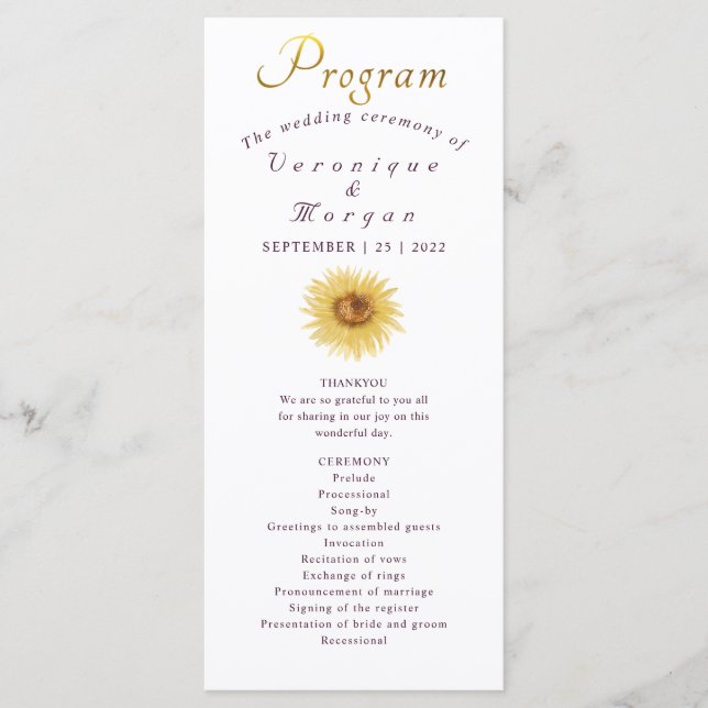Boho Sunflower wedding program floral gold script Programme (Front)