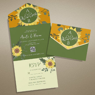 Boho Sunflower Wedding QR Code All In One Invitation