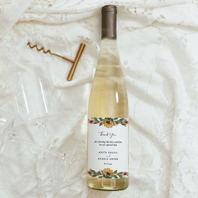 Boho Sunflower Wedding Thank You Wine Label (Creator Uploaded)