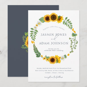 Boho Sunflower Wreath Slate Blue Wedding Invitation