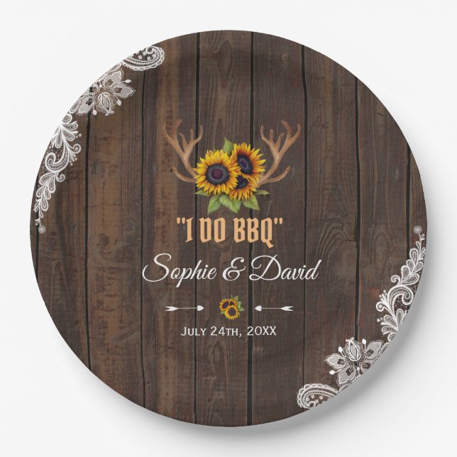 Boho Sunflowers Antlers Wood Lace I DO BBQ Paper Plate (Front)
