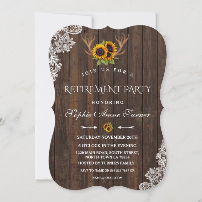 Boho Sunflowers Antlers Wood Lace Retirement Party Invitation (Front)