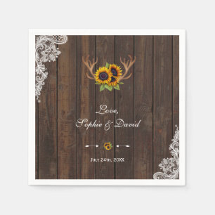 Boho Sunflowers Antlers Wood Lace Wedding Napkin