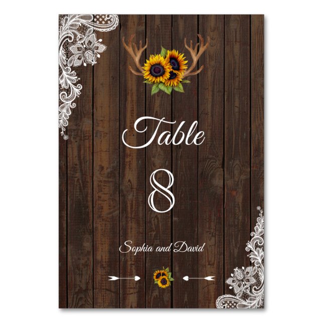 Boho Sunflowers Antlers Wood Wedding TABLE NUMBER (Front)