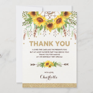 Boho Sunflowers Birthday Watercolor Dreamcatcher Thank You Card