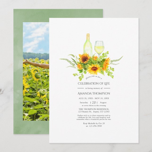 Boho Sunflowers Celebration of Life Photo Invitati Invitation (Front/Back)