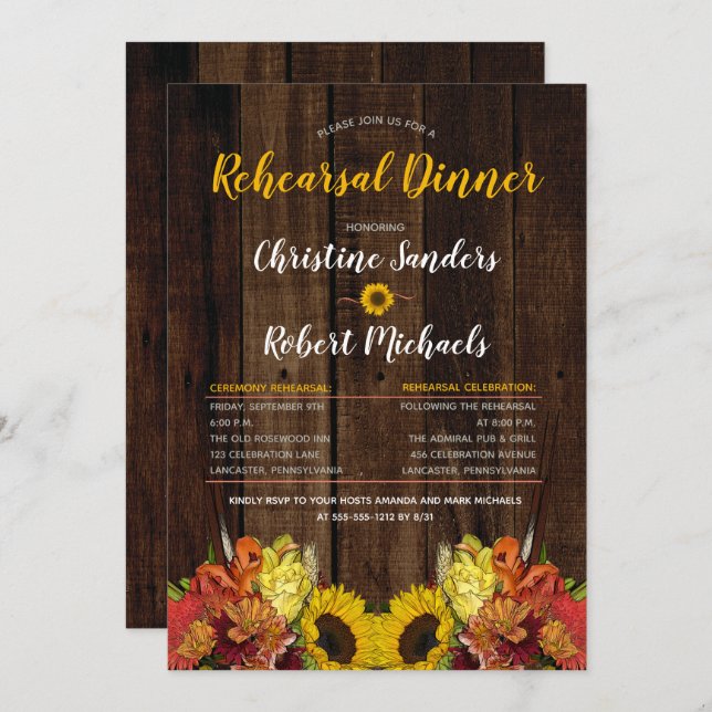 Boho Sunflowers Floral | Wood Rehearsal Dinner Invitation (Front/Back)