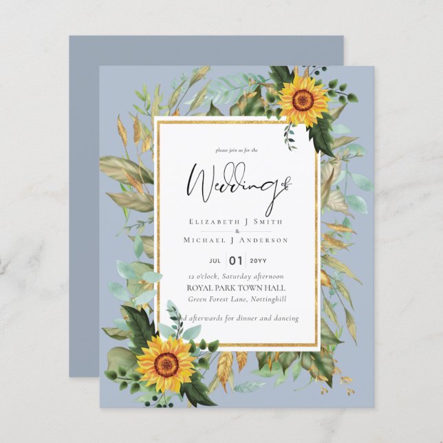 Boho Sunflowers Greenery Watercolor Wedding BUDGET (Front/Back)
