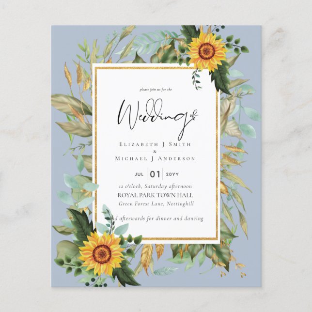 Boho Sunflowers Greenery Watercolor Wedding BUDGET Flyer (Front)