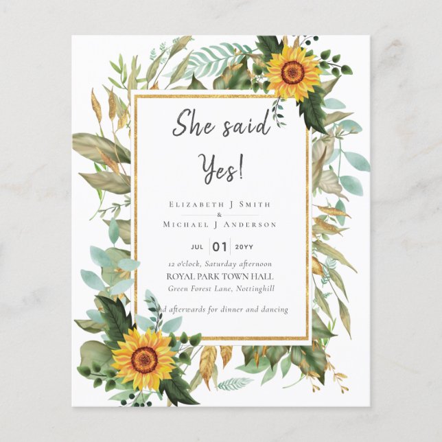 Boho Sunflowers Greenery Watercolor Wedding BUDGET Flyer (Front)