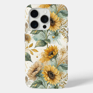 Boho Sunflowers Watercolor Gold iPhone 15 Pro Case