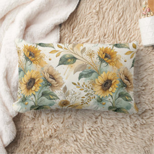 Boho Sunflowers Watercolor Gold Lumbar Cushion