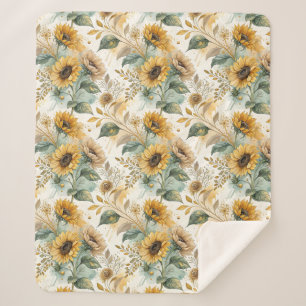 Boho Sunflowers Watercolor Gold Sherpa Blanket