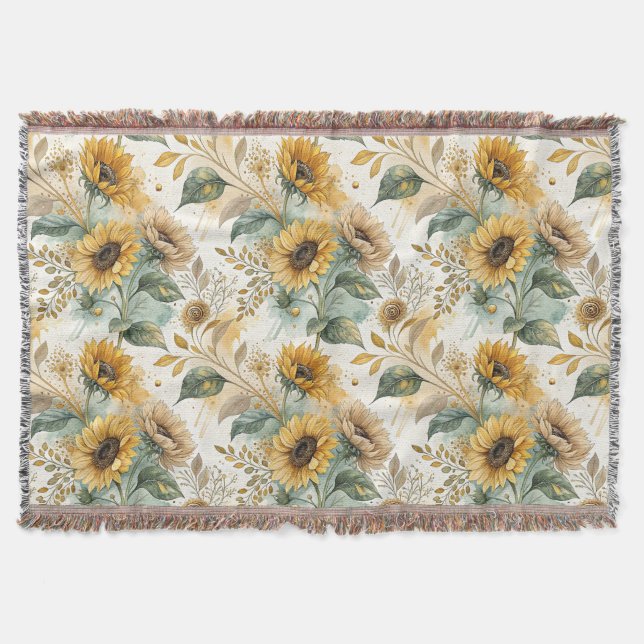 Boho Sunflowers Watercolor Gold Throw Blanket (Front)