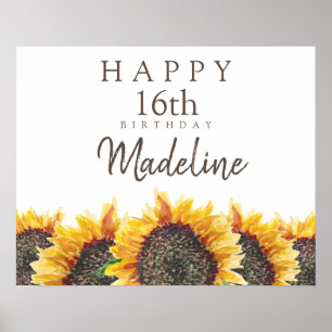 Boho Sunflowers White Happy 16th (or any) Birthday Poster