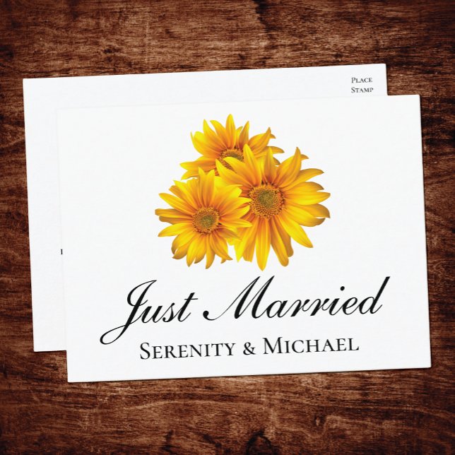 Boho Sunflowers Yellow Floral Just Married Wedding Announcement Postcard (Creator Uploaded)