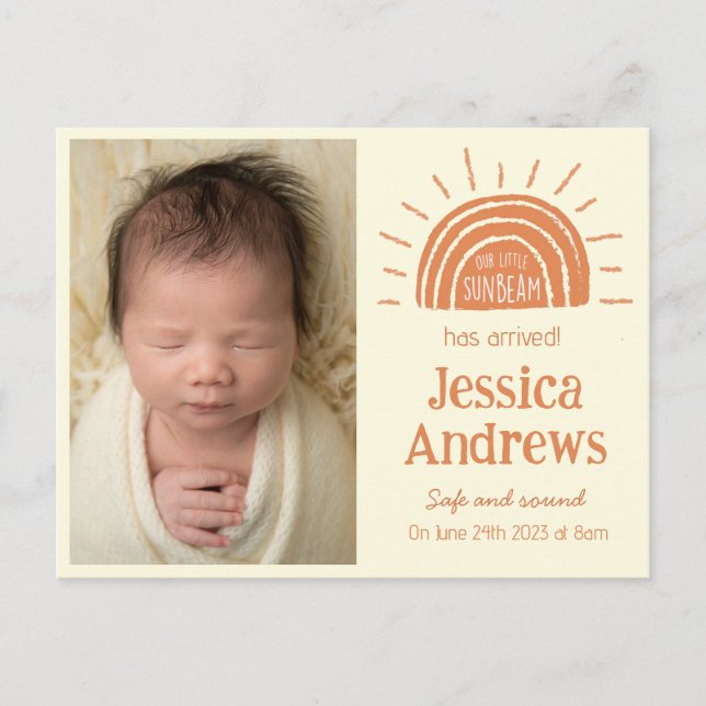 Boho sunny birth announcement card with photo (Front)