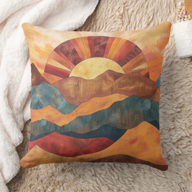Boho Sunset Over Mountains -Retro Earthy Landscape Cushion (Blanket)