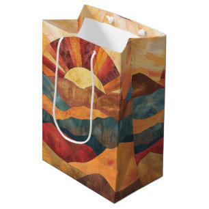 Boho Sunset Over Mountains -Retro Earthy Landscape Medium Gift Bag