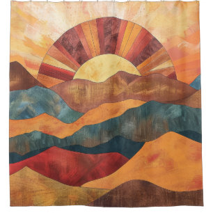 Boho Sunset Over Mountains -Retro Earthy Landscape Shower Curtain