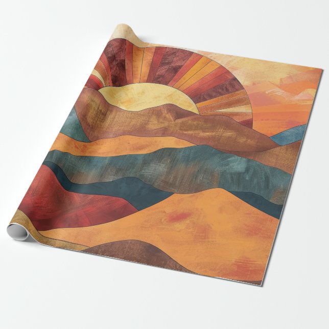 Boho Sunset Over Mountains -Retro Earthy Landscape Wrapping Paper (Unrolled)